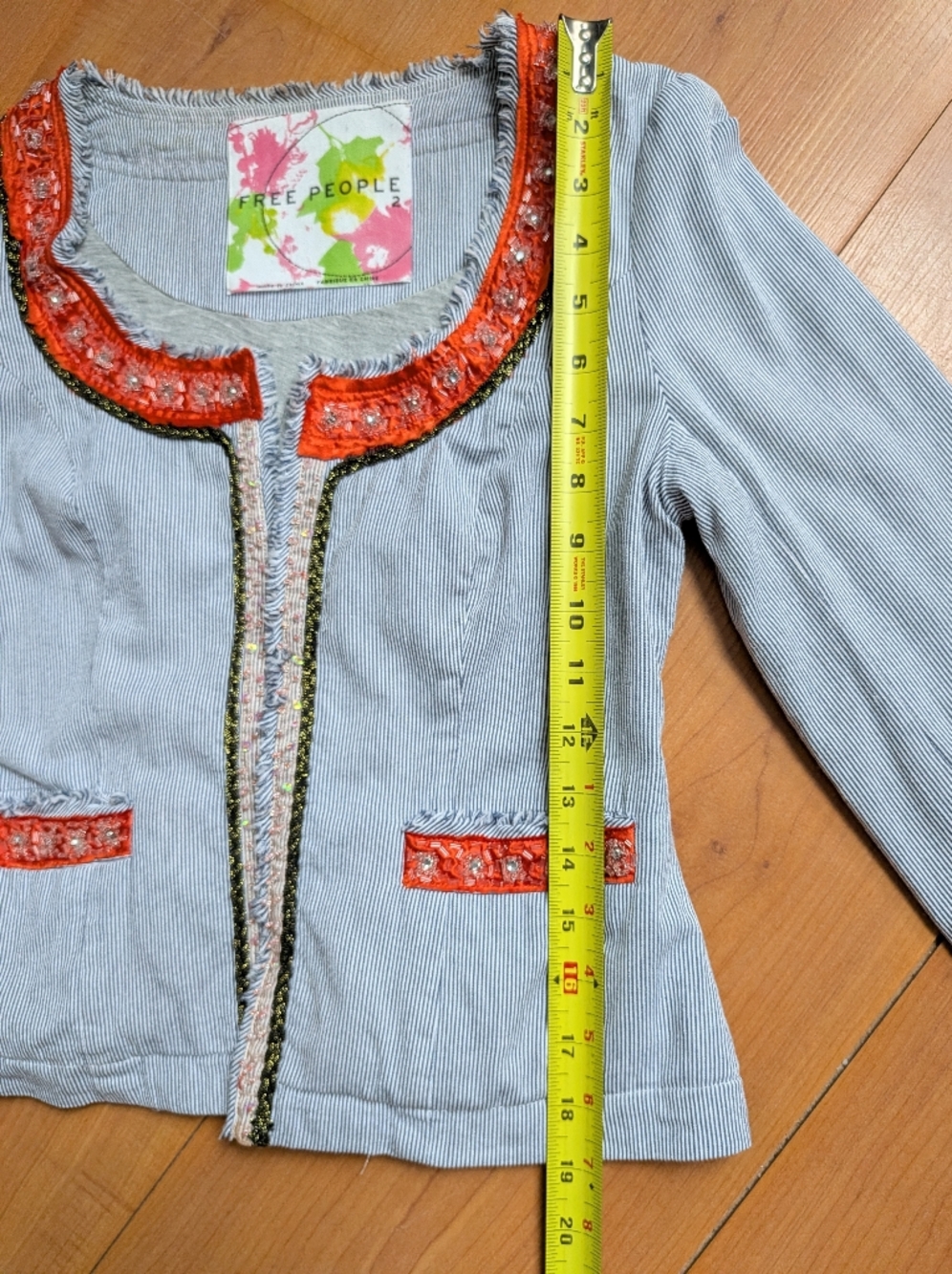 Free People Blue Pinstripe Blazer with Coral Trim - Picture 10 of 14